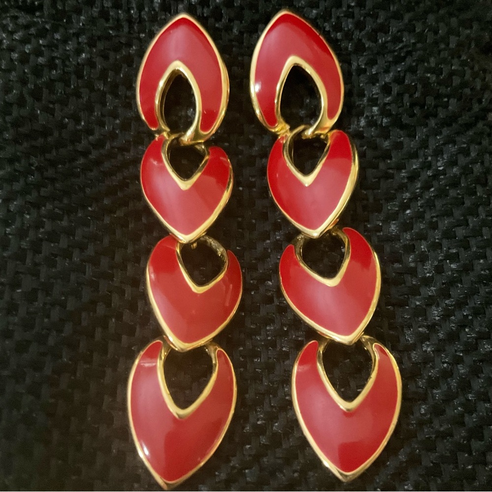Napier Signed Vintage Napier Red Enamel Gold Tone Earrings